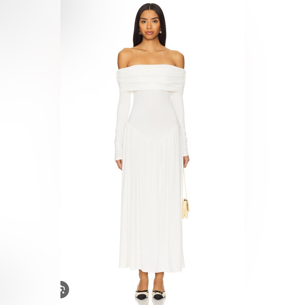 Off Shoulder Ruched Midi Dress in Ivory SOLD